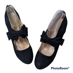 Retro 40s 50s Black Suede Bow Pumps Heels Women's Size 12 NEW